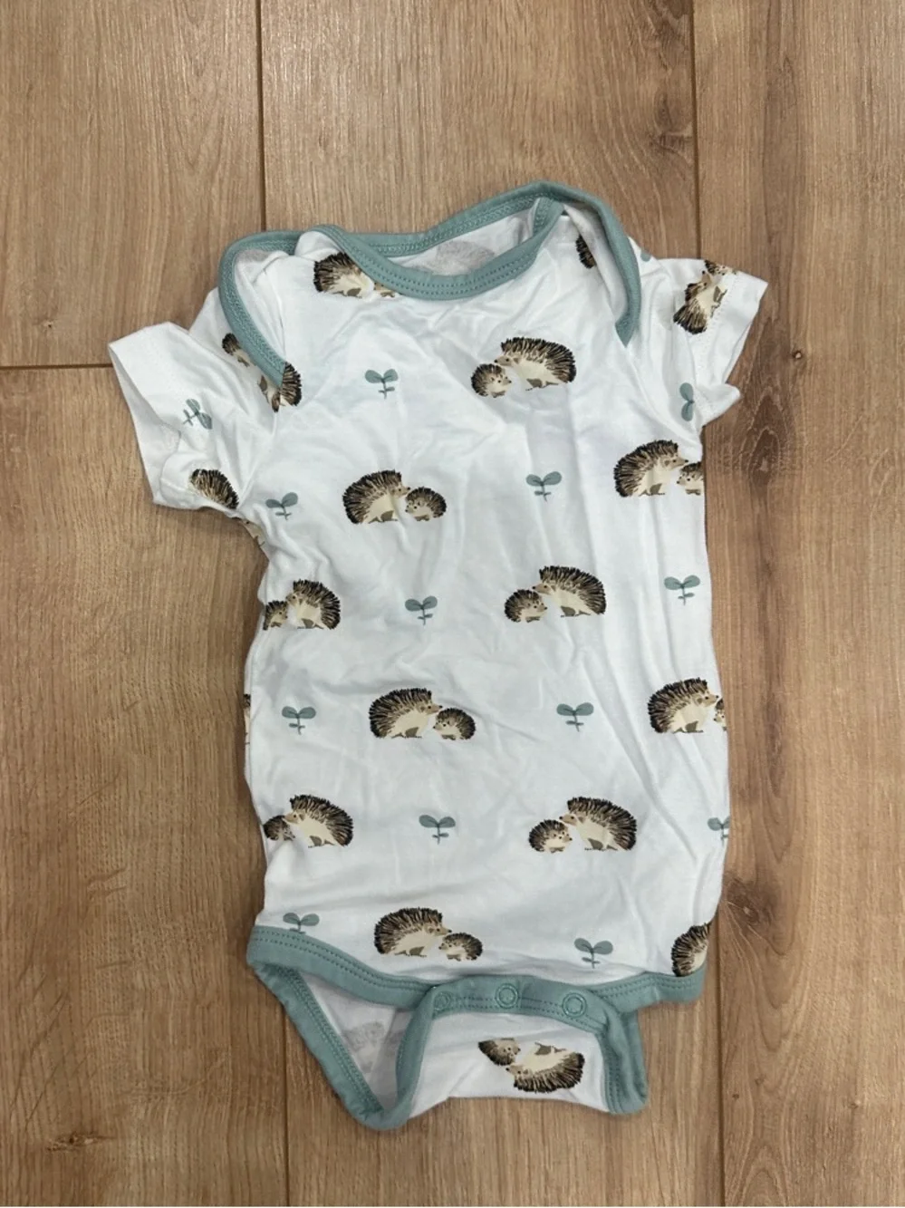 Kyte BABY White Hedgehog-Print Short Sleeve One-Piece with Sage Trim